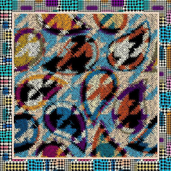 پترن بته‌جقه دوخت‌دوز بافت‌دار رنگارنگ و حاشیه چارخونه سگ شکاری (مناسب شال و روسری و محصولات پارچه‌ای)