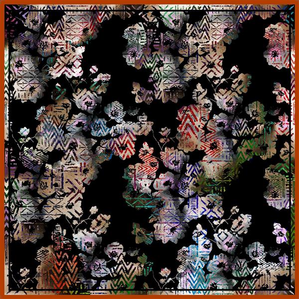 طرح گل‌های محو بافت‌دار و پترن زیگزاگی روی زمینه مشکی باستانی (مناسب چاپ پارچه)