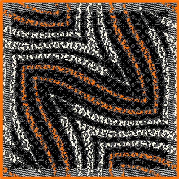 تصویر اورجینال شال؛ بافت مایع و موج‌دار متالیک با ترکیب رنگ مشکی، طلایی و رگه‌های لوکس (LV)