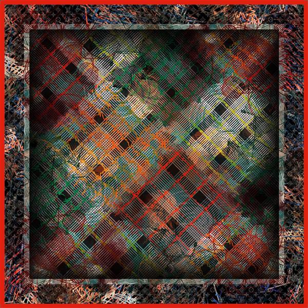 الگوی شیک روسری؛ طرح گل‌های لاله آبرنگی و هندسی با ترکیب رنگ‌های قرمز، بنفش و سبز