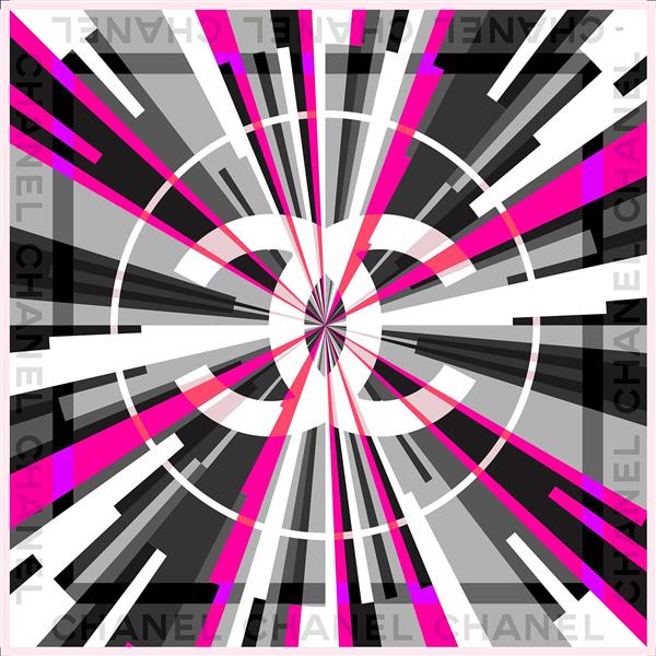 تصویر گرافیکی طرح برند شنل با لوگوی درخشان و پرتوهای نئون پاپ‌آرت طرح روسری