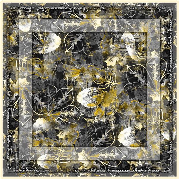 تصویر اورجینال برای چاپ روسری؛ پترن پرهای مجلل طلایی و نقره‌ای براق روی زمینه مشکی (لوکس)