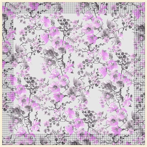 فایل باکیفیت برای کوسن و پوستر با شکوفه‌های آبرنگی بنفش و خاکستری و حاشیه چهارخانه