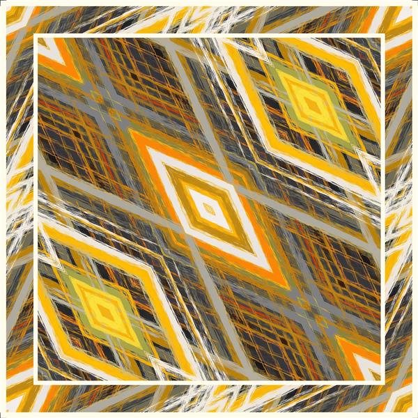 الگوی شیک روسری و کوسن با بافت‌های لوزی هندسی و خطوط درهم به رنگ زرد و نارنجی