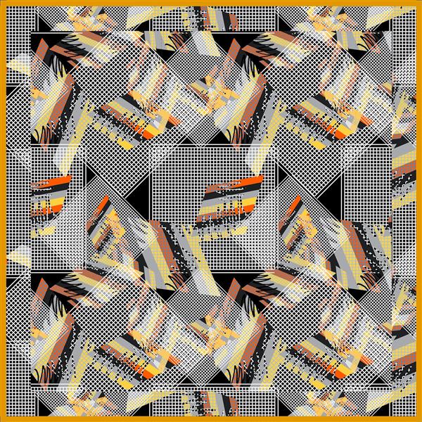 طرح اورجینال برای چاپ شال و روسری با پترن هندسی انتزاعی و ترکیب بافت‌های نواری زرد