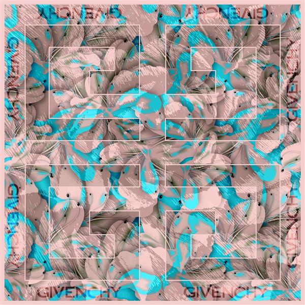 طرح گل‌های فانتزی فیروزه‌ای و صورتی با فریم لوگودار و آماده چاپ روسری و کوسن