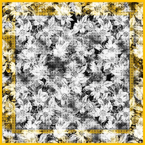 طرح گل‌های آبرنگی تیره و روشن با حاشیه زرد درخشان و آماده چاپ روسری و شال