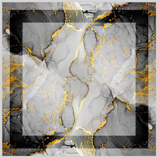 پس‌زمینه مرمر جوهری سیاه و سفید با رگه‌های طلایی و مناسب چاپ پوستر و روسری (دکوراسیون لوکس)