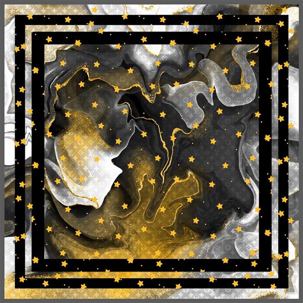 بافت جوهری انتزاعی سیاه و سفید با ستاره‌های طلایی و آماده چاپ روسری و کوسن