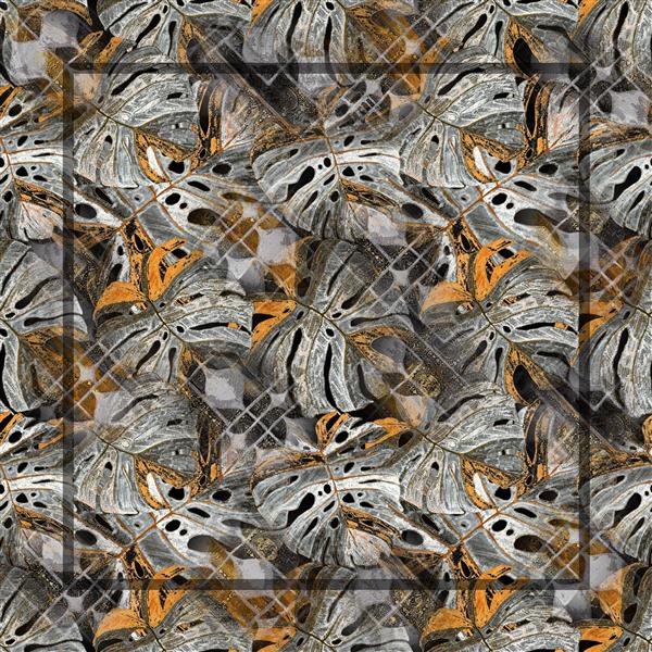 طرح استوایی برگ مونسترا و پروانه‌ها با ترکیب رنگ‌های نارنجی و خاکستری و آماده چاپ شال و کوسن