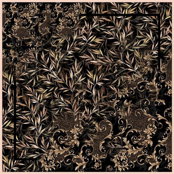 طرح لوکس شاخ و برگ و پلنگ با بافت‌های طلایی تیره و آماده چاپ شال و روسری