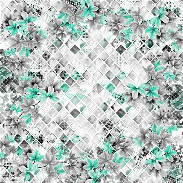 طرح آماده چاپ روسری کوسن: پترن موزاییکی سفید/خاکستری با برگ‌های فیروزه‌ای و مشکی در حاشیه