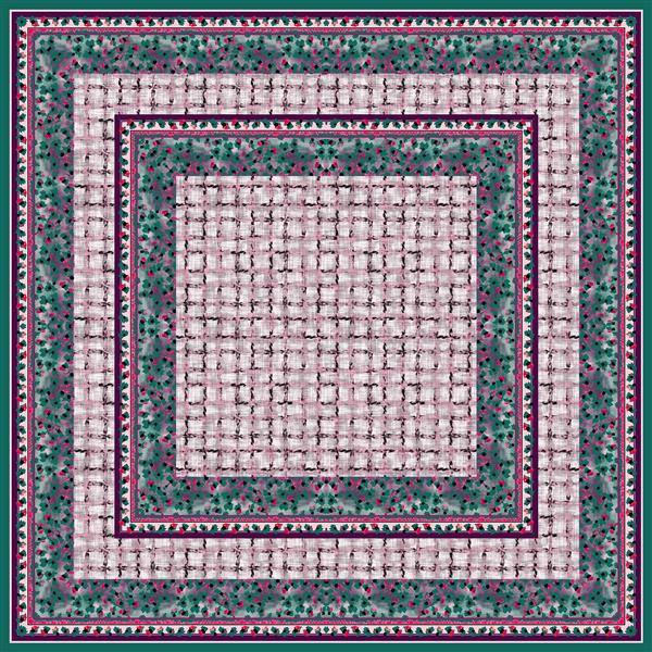 طرح آماده چاپ کوسن شال: پترن هندسی بافت‌دار با حاشیه سنتی و ترکیب رنگ سبز و صورتی