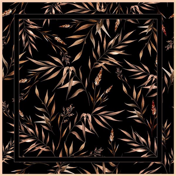 طرح آماده چاپ روسری شال: شاخ و برگ‌های گیاهی تیره و طلایی روی پس زمینه مشکی (طرح کلاسیک)