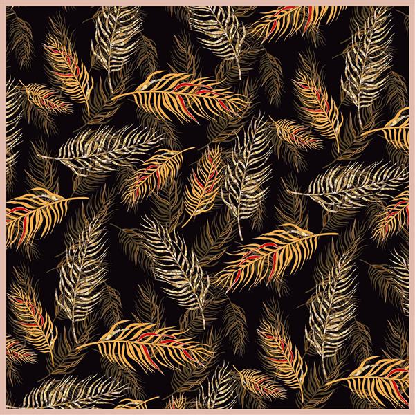 طرح آماده چاپ روسری کوسن: پرهای مجلل طلایی و نقره‌ای براق روی زمینه مشکی (طرح لوکس)