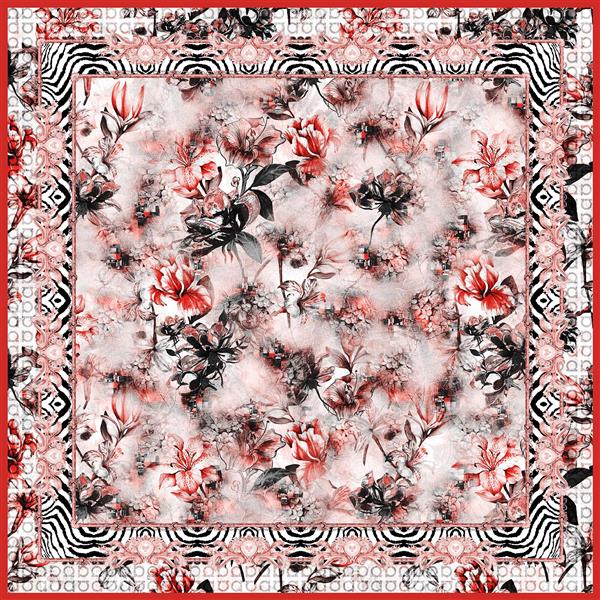 طرح آماده چاپ روسری شال: ترکیب رزهای آبرنگی قرمز و مشکی با حاشیه طرح گورخری (فشن و دکور)