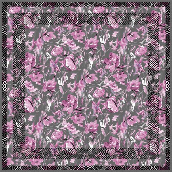 طرح آبرنگی آماده چاپ شال/کوسن: گل‌های فانتزی صورتی با زمینه خاکستری و حاشیه پوست مار