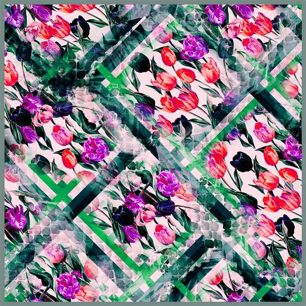 طرح آماده چاپ روسری/کوسن: گل‌های لاله مدرن با خطوط هندسی اریب سبز