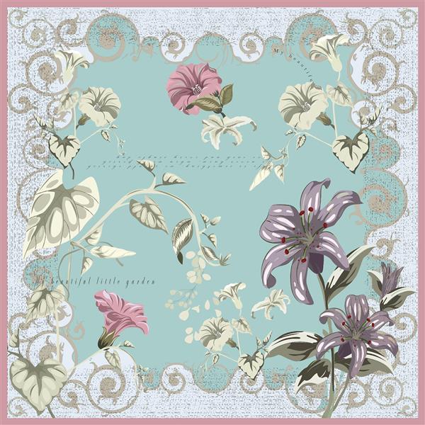 طرح روسری گلدار فانتزی با گلهای لیلیوم و نیلوفر روی پس زمینه آبی روشن و حاشیه صورتی