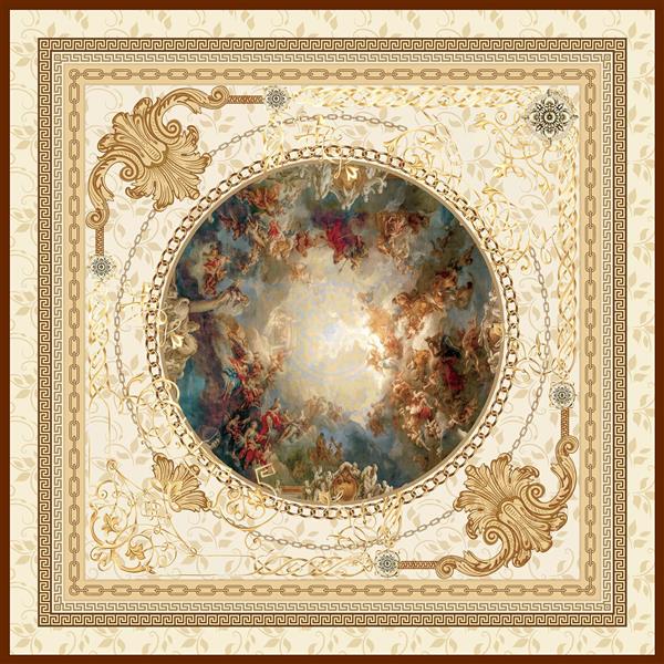 طرح روسری کلاسیک و مجلسی با قاب طلایی، زنجیر و مرکزیت نقاشی رنسانسی آسمانی (باروک)