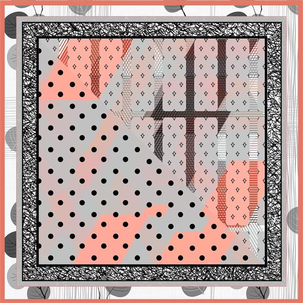 طرح روسری چهارخانه و شطرنجی مدرن با پترن خالدار مشکی و پس‌زمینه مرجانی و خاکستری