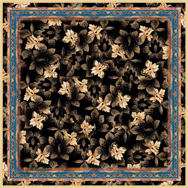 طرح روسری کلاسیک گل‌های وحشی کرم و قهوه‌ای در پس زمینه تیره با حاشیه طرح‌دار فیروزه‌ای