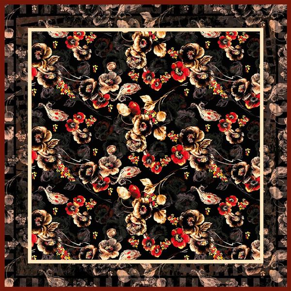 طرح شال و روسری گلدار پرکنتراست با گلهای درشت قرمز، طلایی و قهوه‌ای در زمینه مشکی تیره