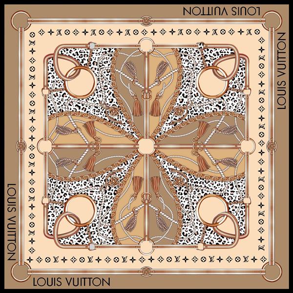 طرح روسری برند لوکس (استایل LV) با پترن‌های تسمه، مهار اسب و پلنگی در تم بژ و قهوه‌ای