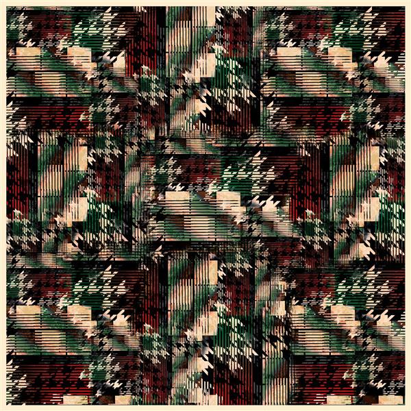 طرح روسری پچ‌ورک شلوغ با پترن چهارخانه و خطوط رنگی در تم سبز و زرشکی