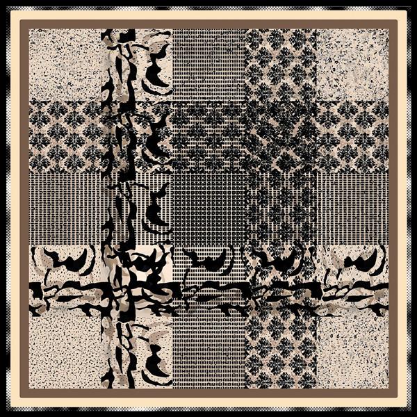 طرح روسری پچ‌ورک چهل تکه با پترن‌های متنوع هندسی، راه راه و داماسک سیاه و سفید