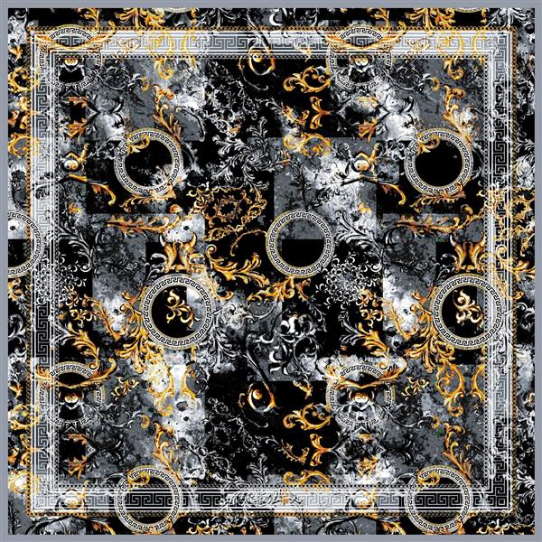 طرح روسری لوکس باروک با پترن زنجیر، حلقه و نقش و نگار طلایی و مشکی سفید (تِم مار)