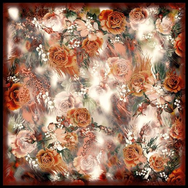 طرح روسری یا شال شیک با پترن رزهای بزرگ برجسته نارنجی و کرم در پس‌زمینه محو و تیره