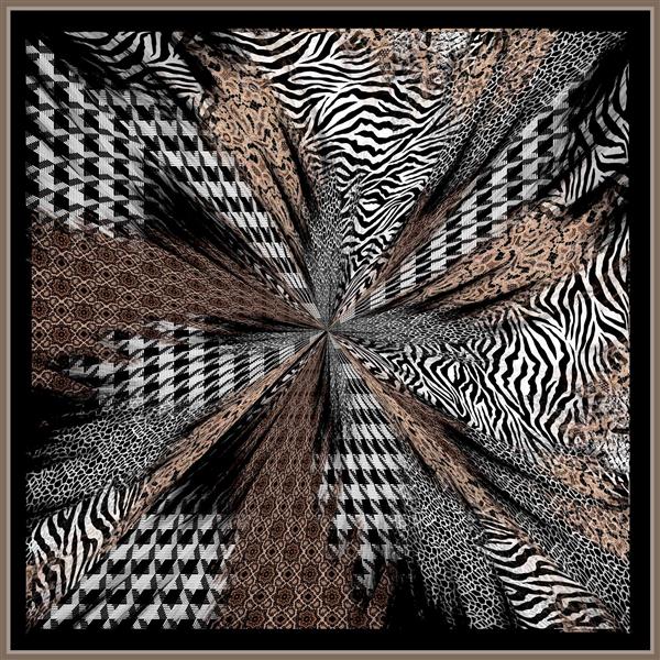 طرح دیجیتال روسری با پترن حیوانی (گورخری و پلنگی) و چهارخانه به صورت چندضلعی متمرکز