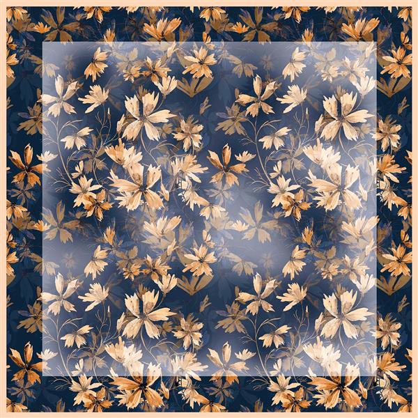 طرح روسری یا شال گلدار با گلهای مینیمال نارنجی و کرم در پس زمینه تیره و آبی نفتی