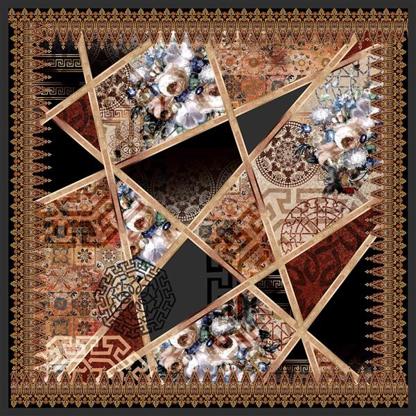 طرح روسری دیجیتال آوانگارد با پترن گل، ماندالا و توری در قاب‌های هندسی تیره و کنتراست بالا