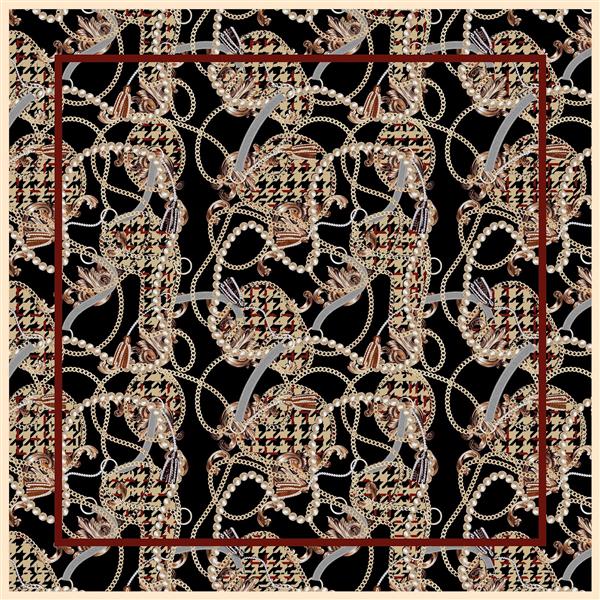 طرح روسری لاکچری با پترن زنجیر، مروارید و چهارخانه گلدانی طلایی و مشکی