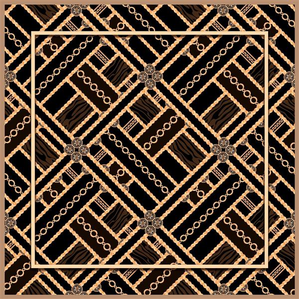 طرح آماده روسری شیک زنجیری و چهارخانه کلاسیک مشکی طلایی برای چاپ عریض