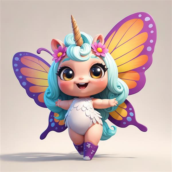 یونیکورن پری بامزه با بال‌های رنگین‌کمان روشن و موهای سفید طلایی