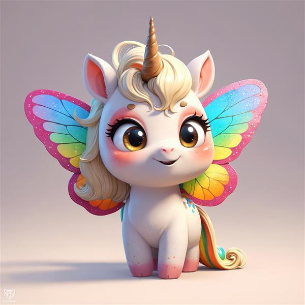 یونیکورن پری با بال‌های پروانه بنفش و موهای فیروزه‌ای برای پوستر کودک