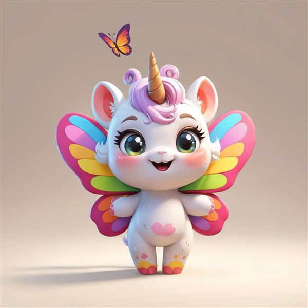 یونیکورن کوچک شاد با بال‌های پروانه رنگین‌کمان و موی صورتی لوله‌ای