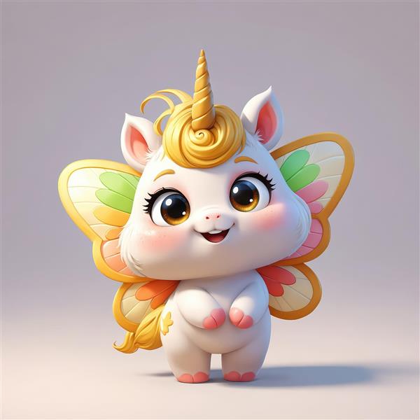 یونیکورن پری زیبا با بال‌های طلایی و سبز پاستلی و شاخ مارپیچ طلایی