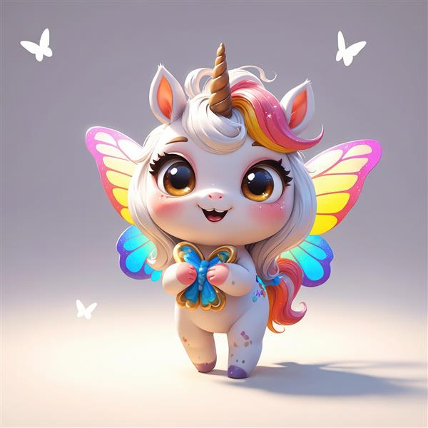 یونیکورن پری بامزه با بال‌های پاستلی و گرفتن پروانه در دست‌ها