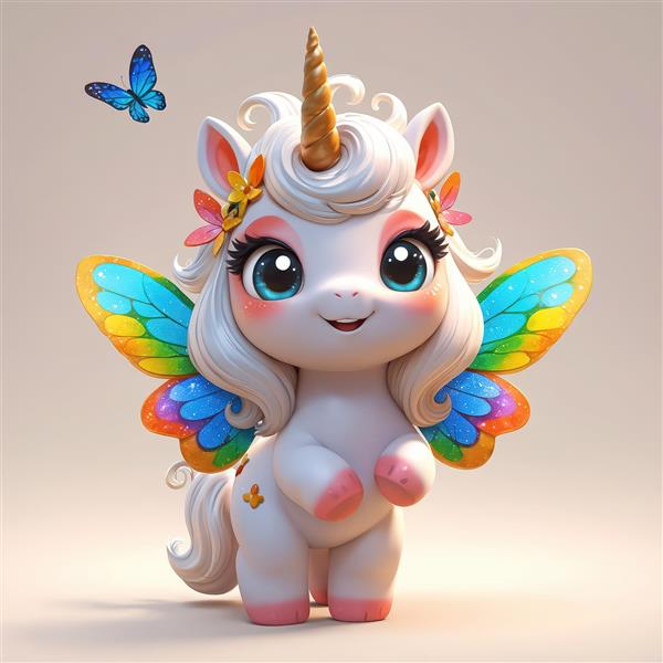 یونیکورن کوچک با گل‌های زرد روی سر و بال‌های پروانه رنگین‌کمان
