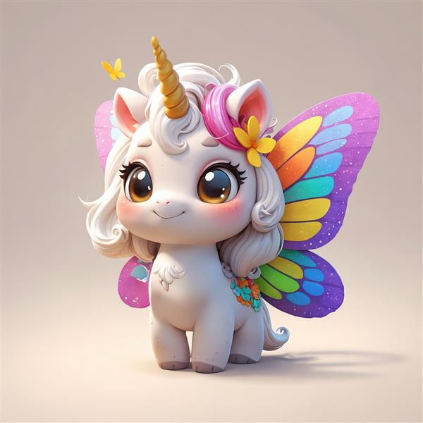 یونیکورن عروسکی با بال‌های بنفش و نارنجی و گل آراسته روی مو