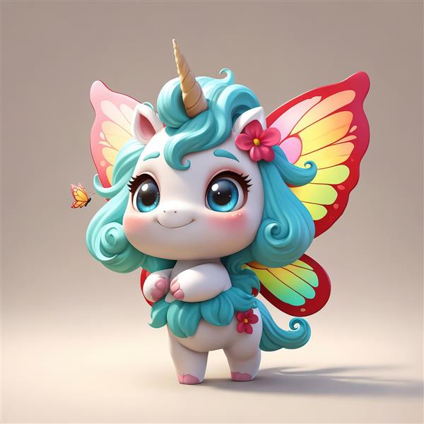 یونیکورن پری با موهای آبی روشن، تاج گل و بال‌های سرخ و زرد