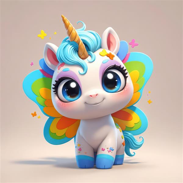 یونیکورن با بال‌های رنگین‌کمان روشن و موهای آبی برای چاپ دکوراتیو