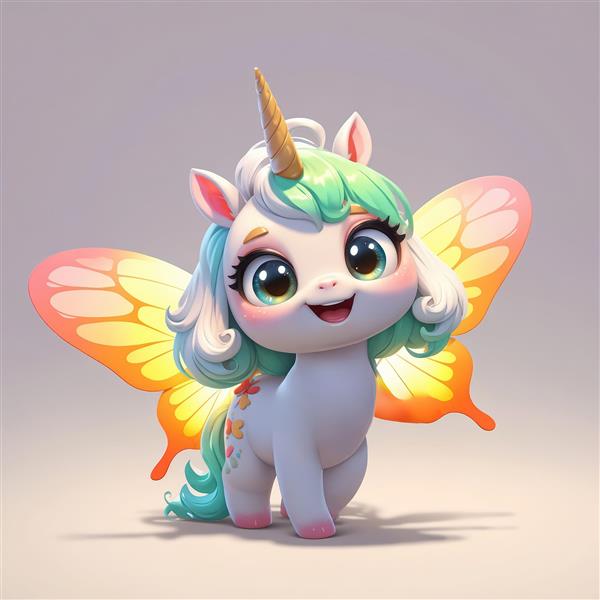 یونیکورن کارتونی با بال‌های پروانه نارنجی و موهای فیروزه‌ای براق