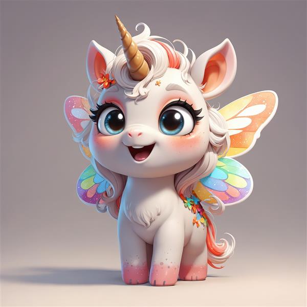 یونیکورن کوچک پری با بال‌های پاستلی و شاخ طلایی برای دکور فانتزی