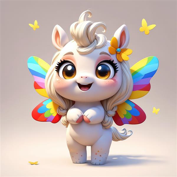 یونیکورن بدون شاخ با بال‌های رنگین‌کمان و گل زرد برای تابلوی اتاق کودک