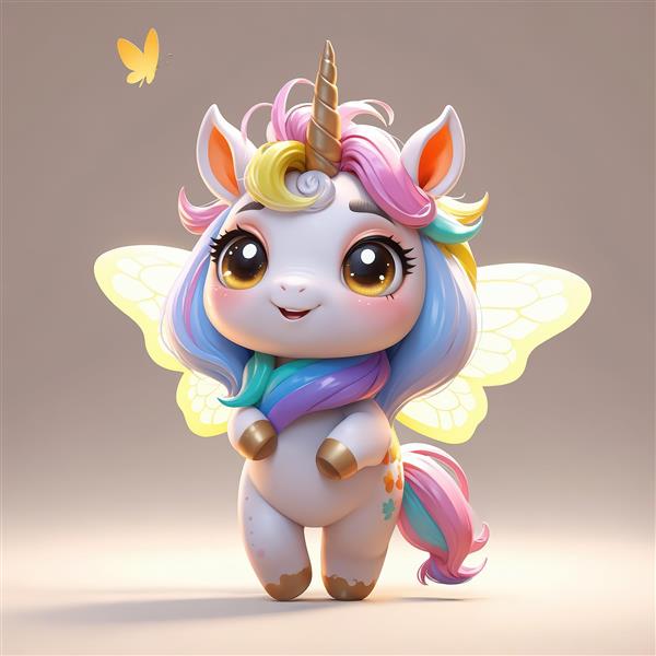یونیکورن پروانه با بال‌های درخشان زرد و موهای پاستلی برای پوستر فانتزی